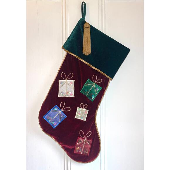 Christmas Stocking Burgundy, Green and Gold Velvet with Sheer Applique & Sequins - Picture 1 of 3